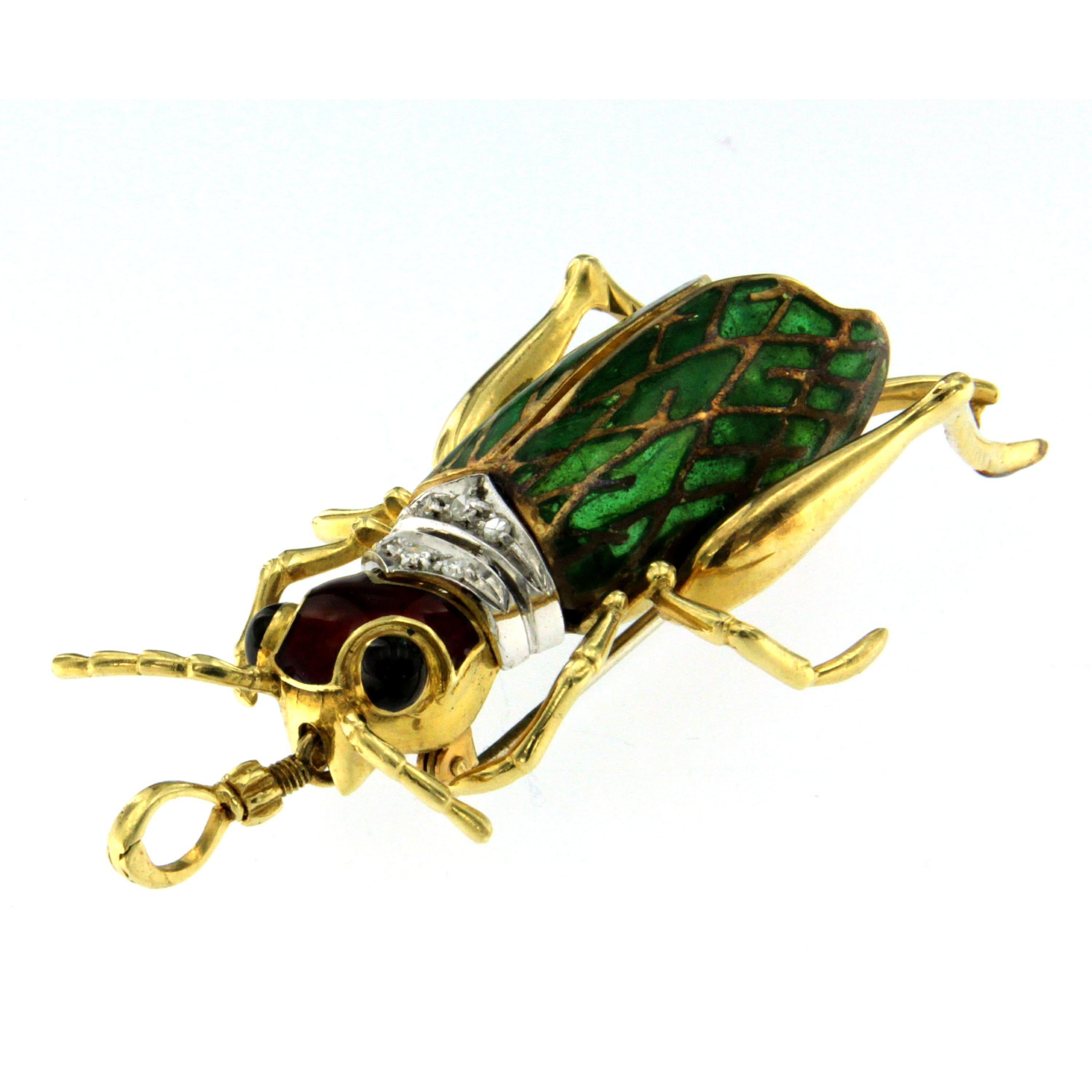 Women's or Men's Antique Enamel Diamond Gold Cicada Brooch or Pendant