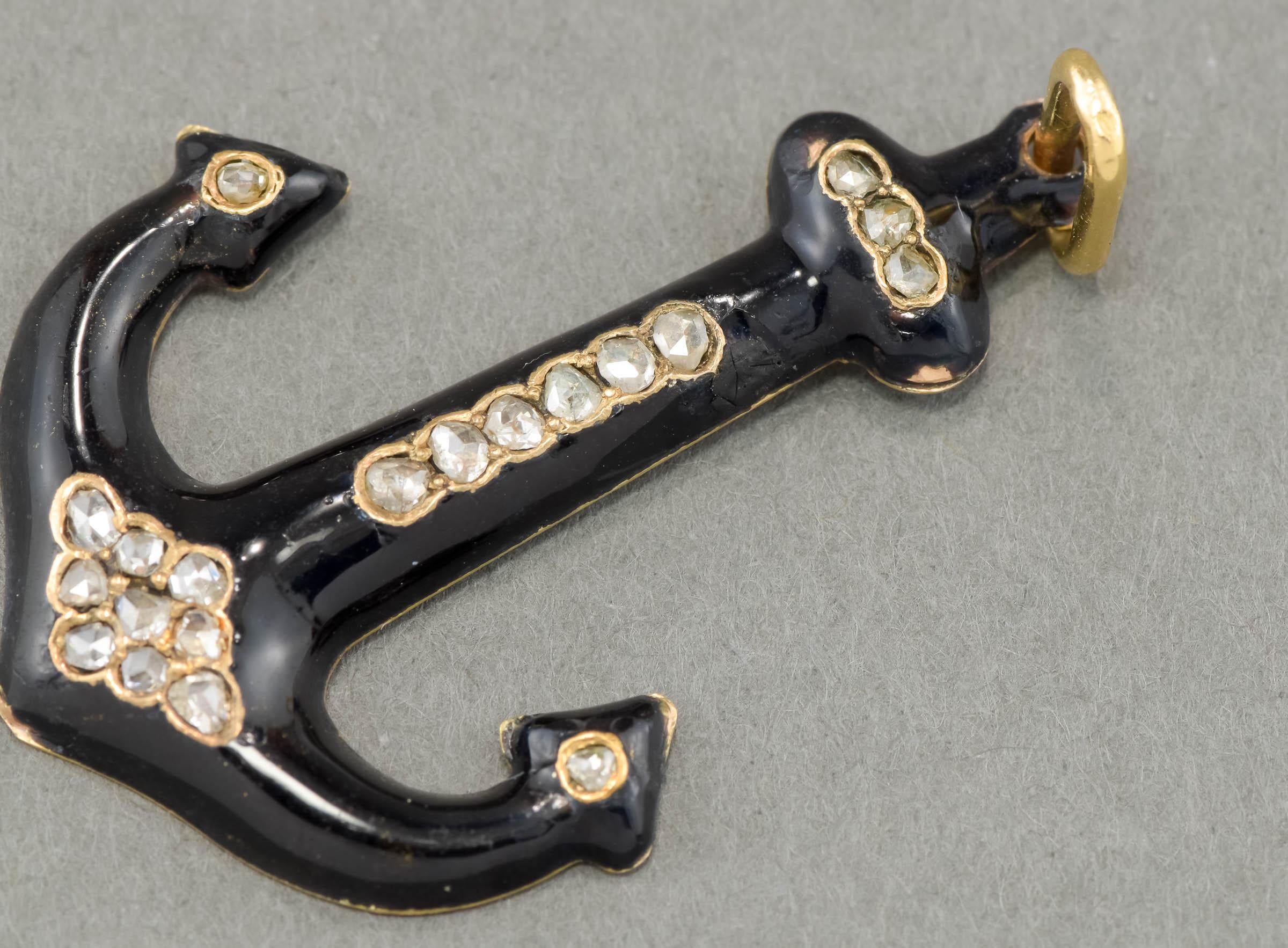 Antique Enamel Diamond Large Anchor Pendant For Sale 2