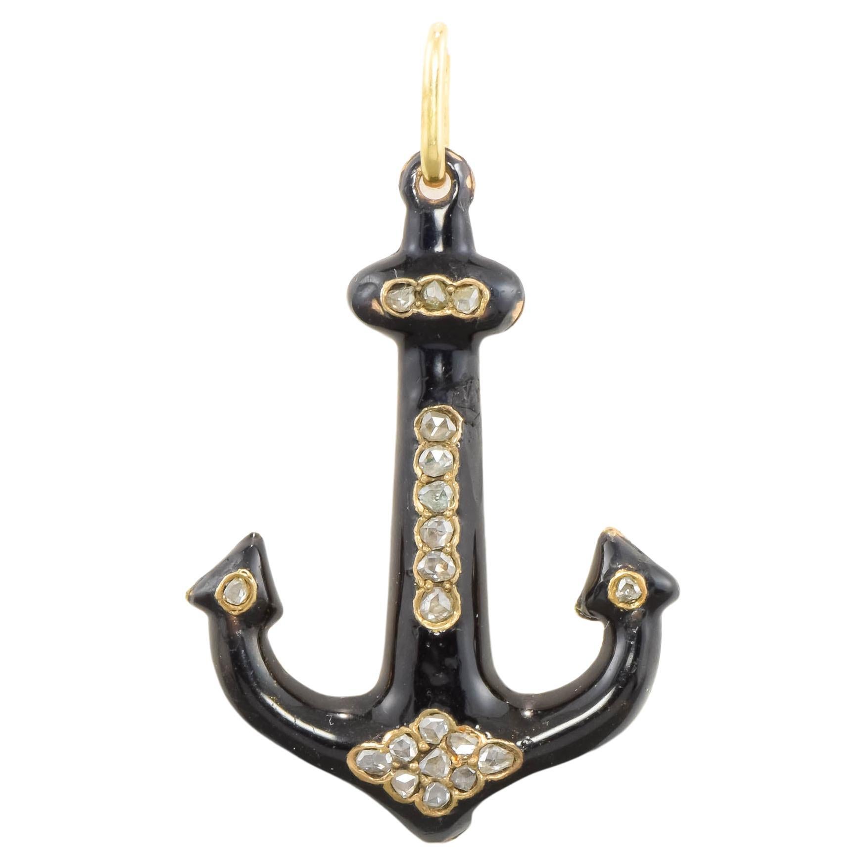 Antique Enamel Diamond Large Anchor Pendant For Sale