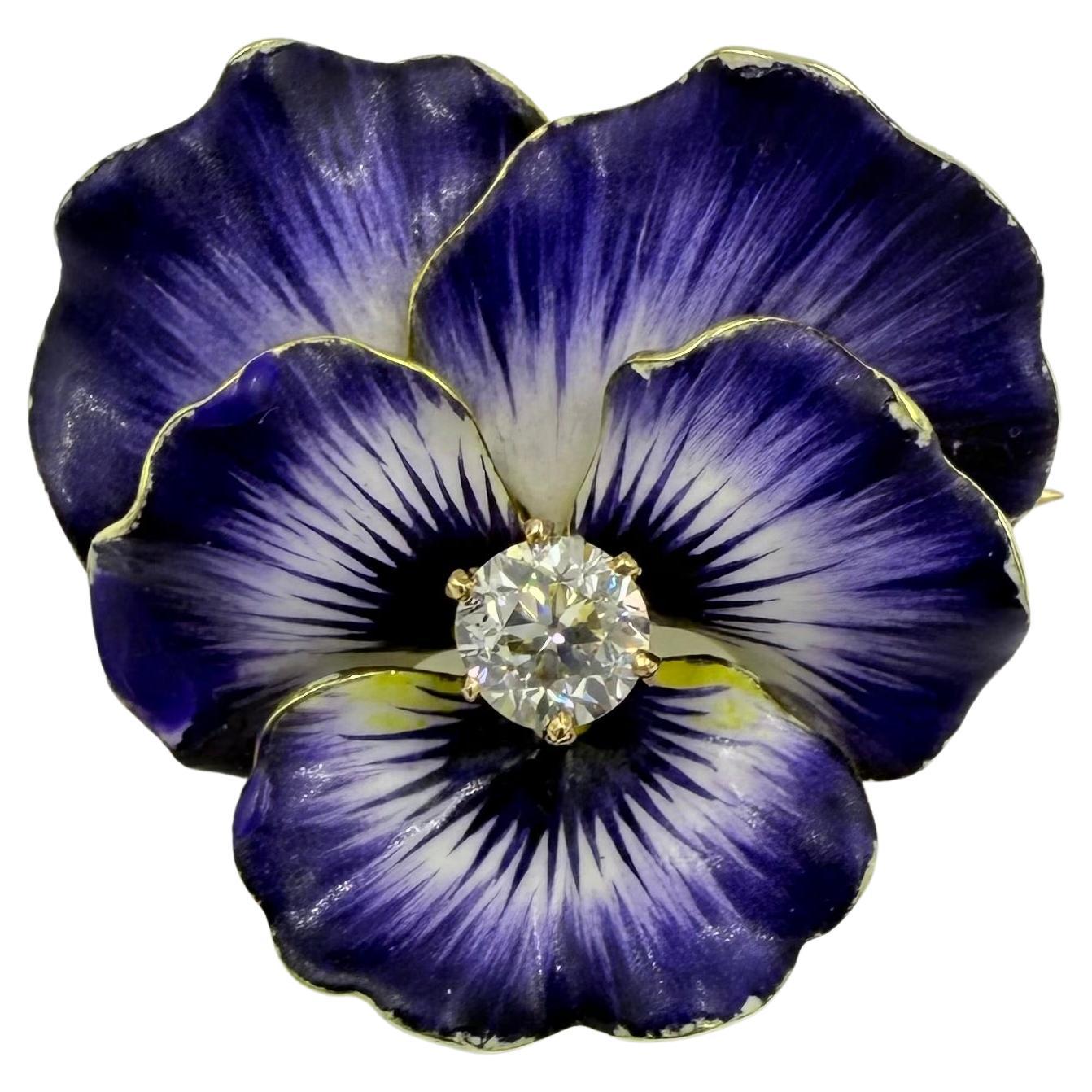 Broche ancienne en émail avec diamant Pansy Circa 1900 en vente