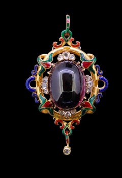 Antique Enamel Diamond and Garnet Holbeinesque Pendant