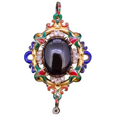 Antique Enamel Diamond and Garnet Holbeinesque Pendant