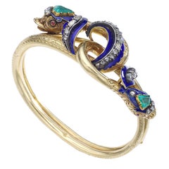 Antique Enamel Emerald Diamond Gold Entwined Snakes Bracelet