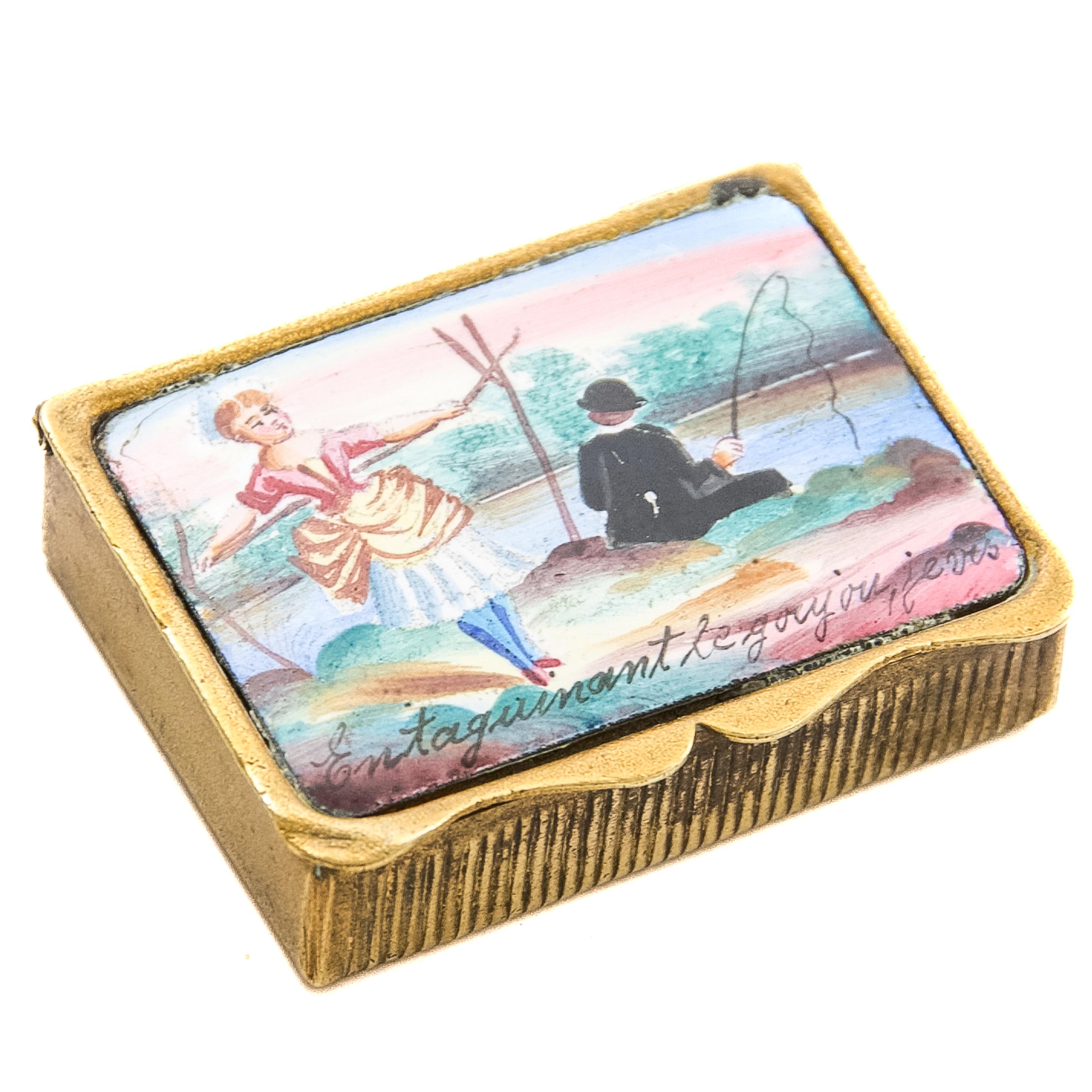 Antikes erotisches Vesta-Etui aus Emaille, Französisch, Ende 19. im Zustand „Gut“ im Angebot in Rotterdam, NL