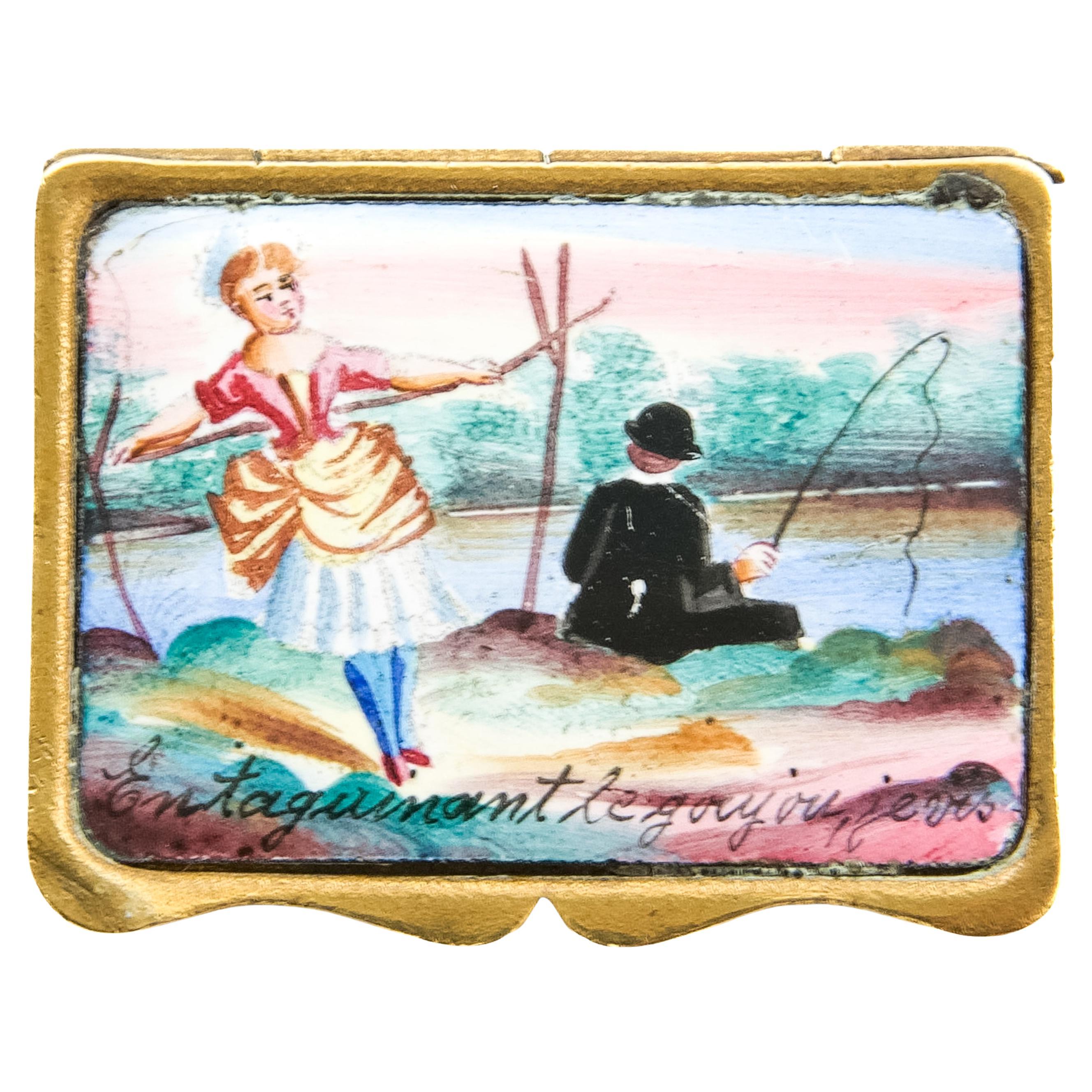 Antikes erotisches Vesta-Etui aus Emaille, Französisch, Ende 19. im Angebot