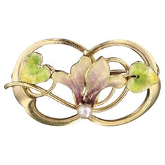 Antique Enamel Flower Brooch of 14k Gold by Krementz