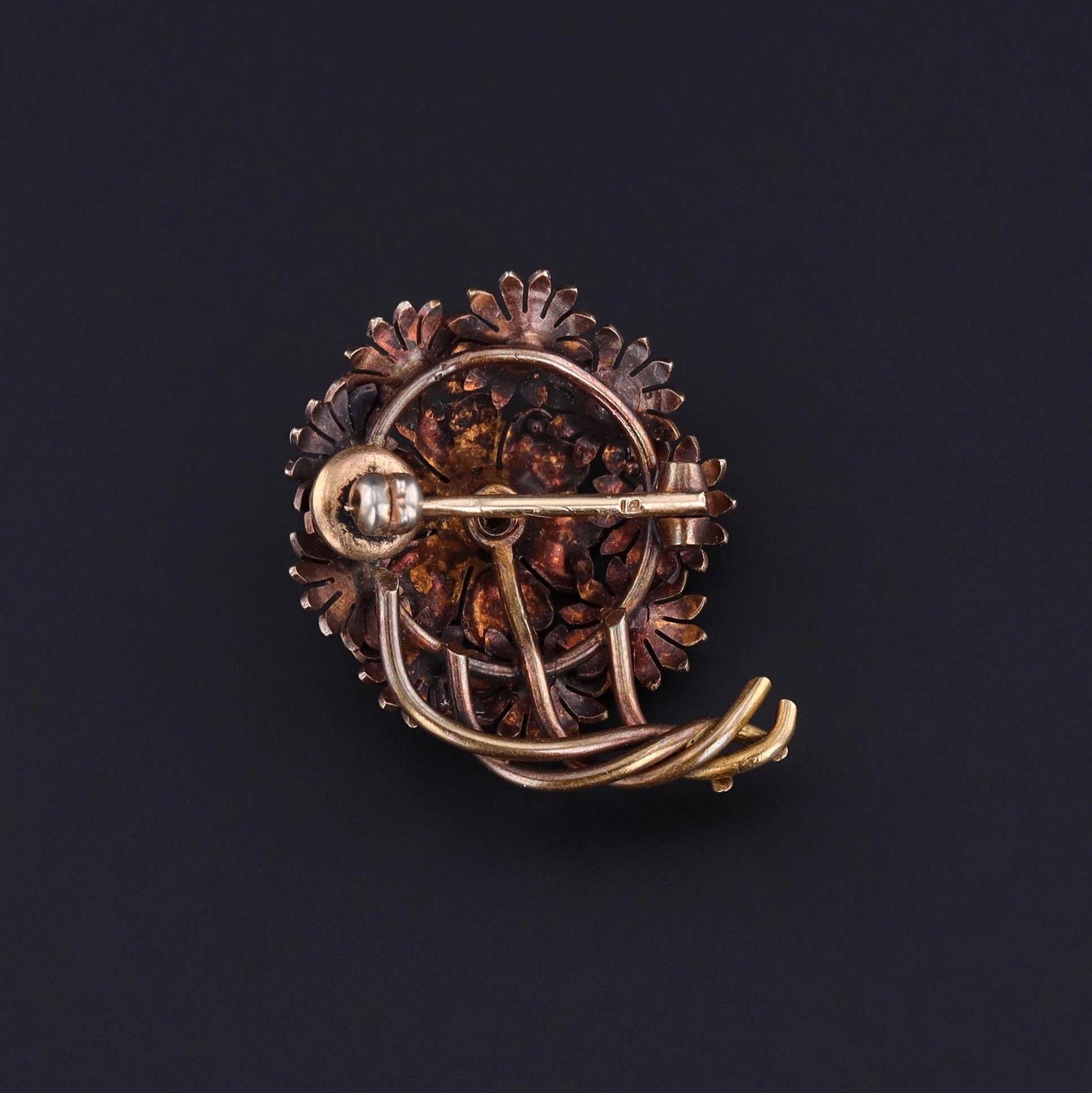 Round Cut Antique Enamel Flower Brooch of 14k Gold For Sale