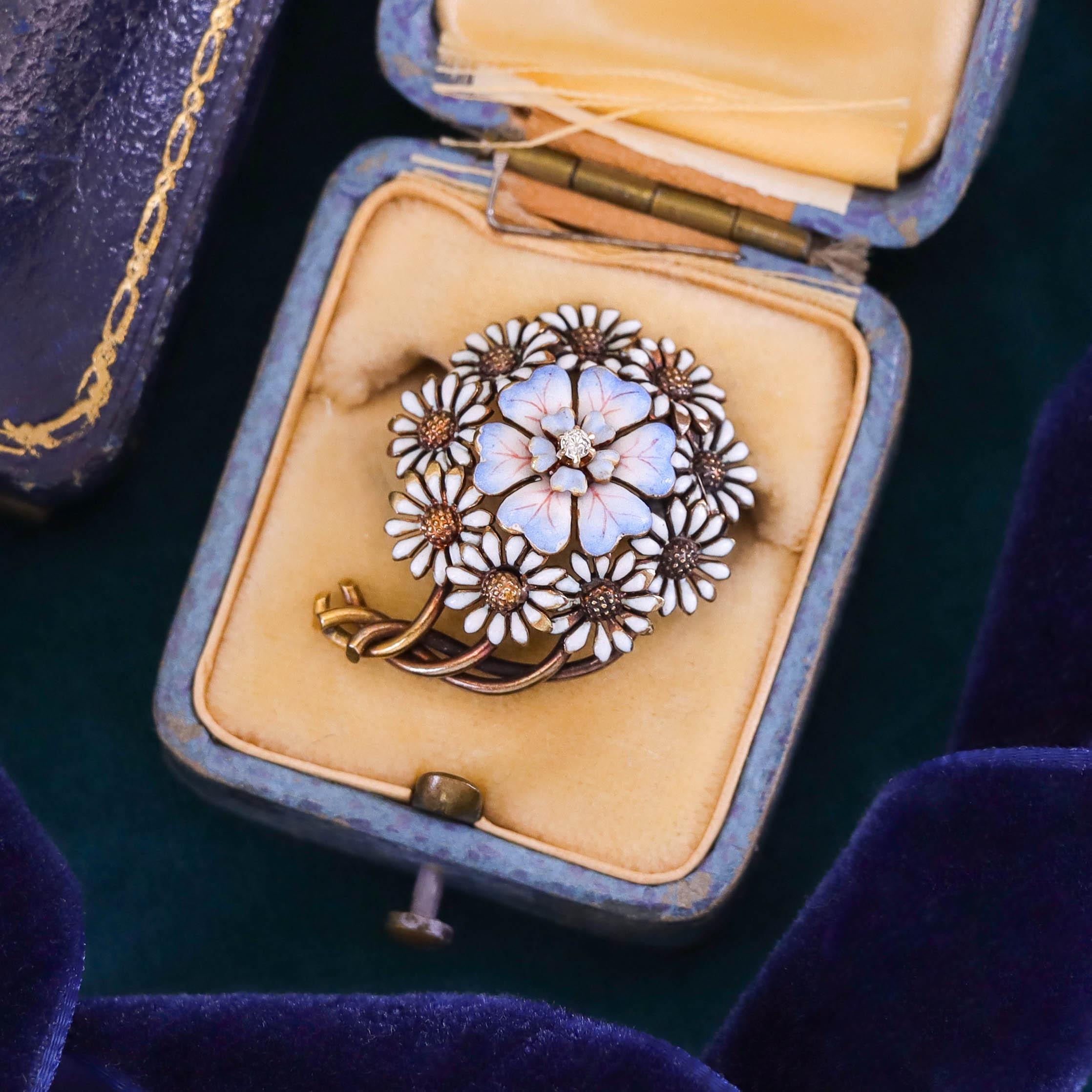 Women's Antique Enamel Flower Brooch of 14k Gold For Sale