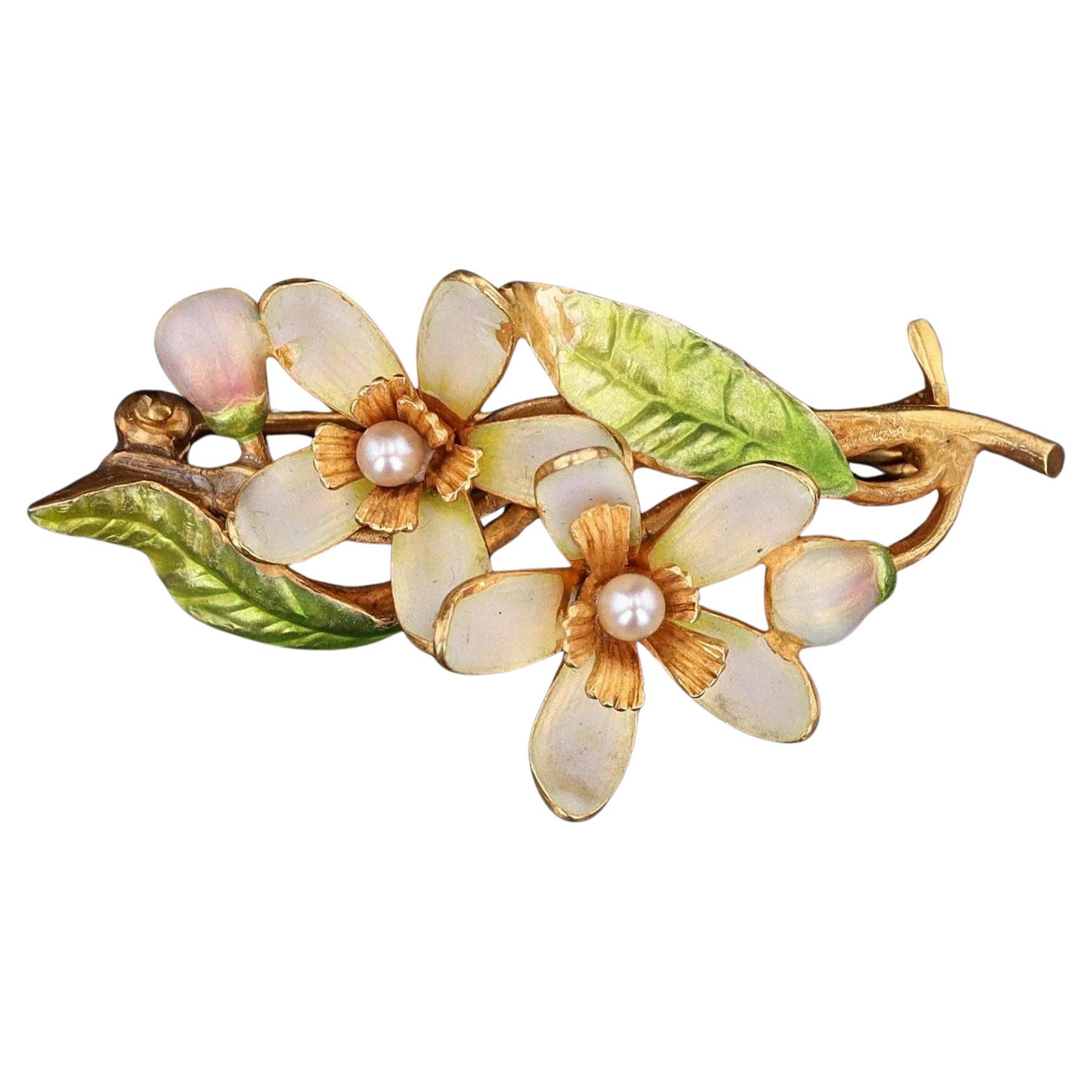 Antique Enamel Flower Brooch of 14k Gold