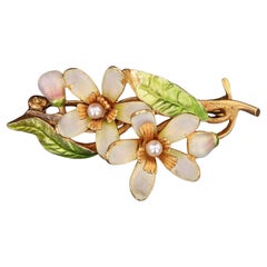 Antique Enamel Flower Brooch of 14k Gold