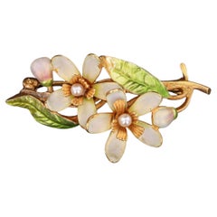 Antique Enamel Flower Brooch of 14k Gold