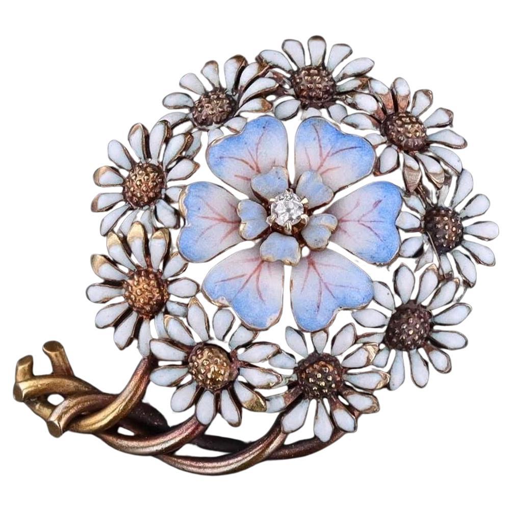 Antique Enamel Flower Brooch of 14k Gold