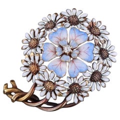 Antique Enamel Flower Brooch of 14k Gold