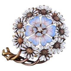 Antique Enamel Flower Brooch of 14k Gold