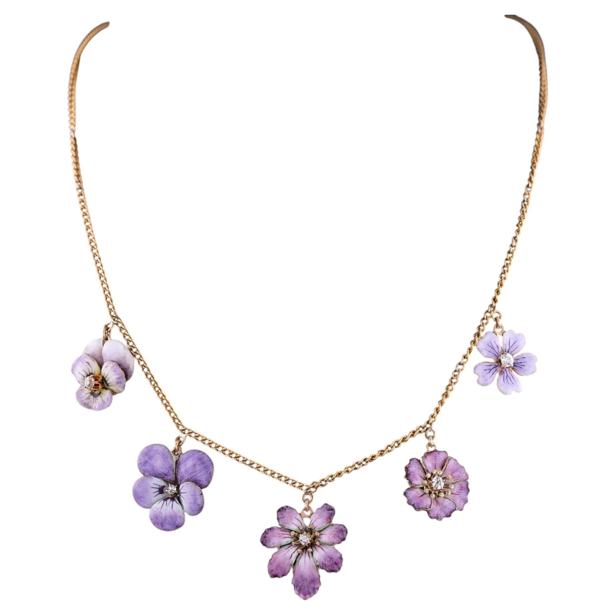 Antique Enamel Flower Necklace of 10k and 14k Gold
