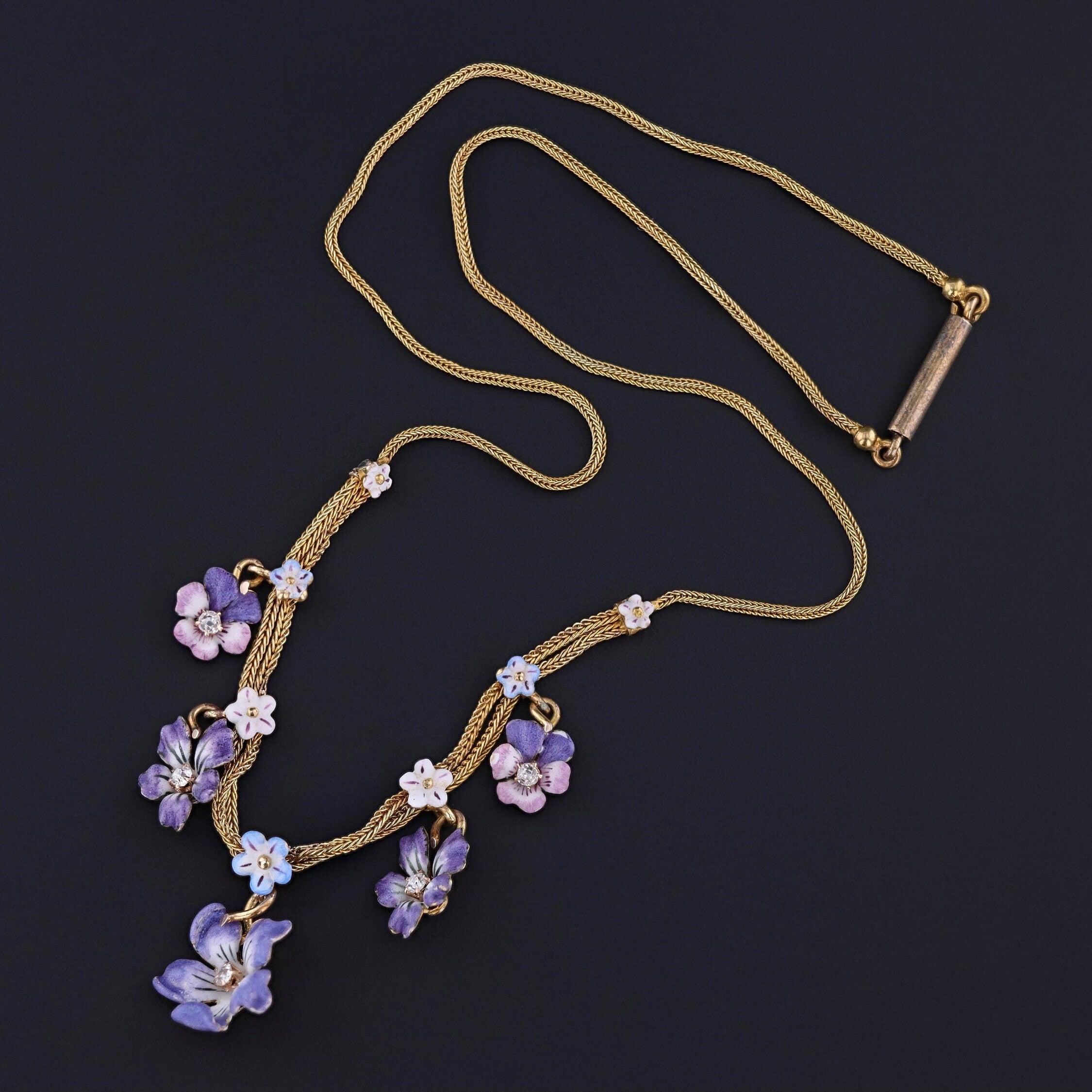 Antique Enamel Flower Necklace of 14k Gold In Good Condition For Sale In Lewisburg, PA