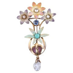 Antique Enamel Flower Pendant Brooch of 15ct Gold