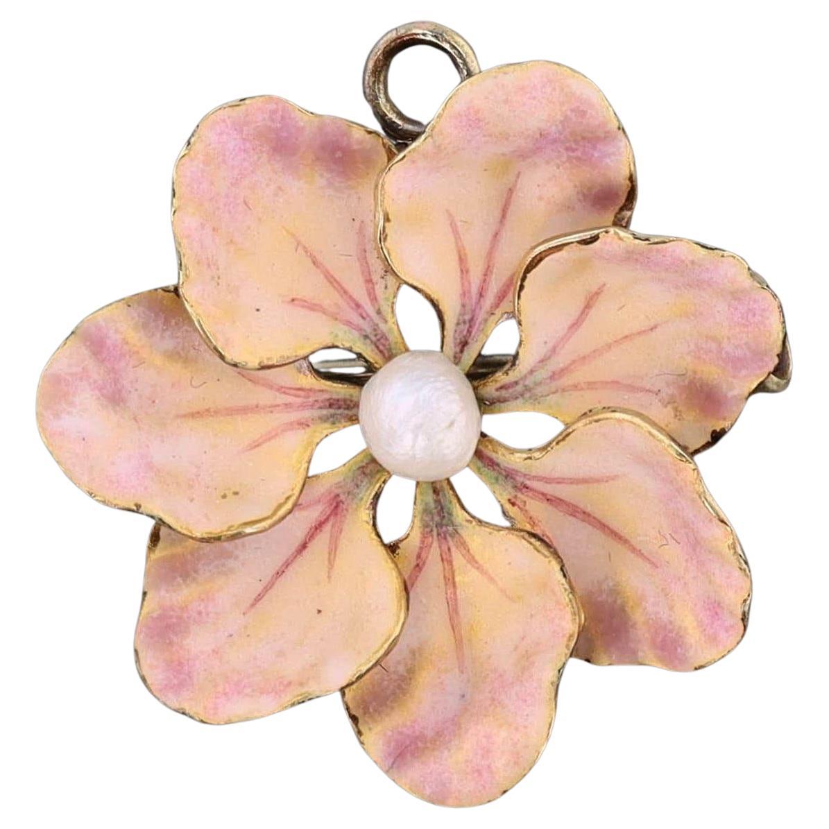 Pendentif ou broche ancienne en or 14k avec fleur en émail