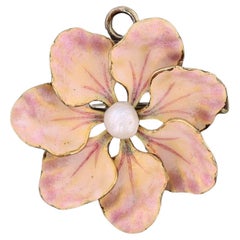 Pendentif ou broche ancienne en or 14k avec fleur en émail