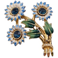 Antique Enamel Flowers Brooch With Blue Crystals and Rhinestones 1930
s