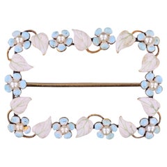 Antique Enamel Forget-Me-Not Flower Brooch of 14k Gold