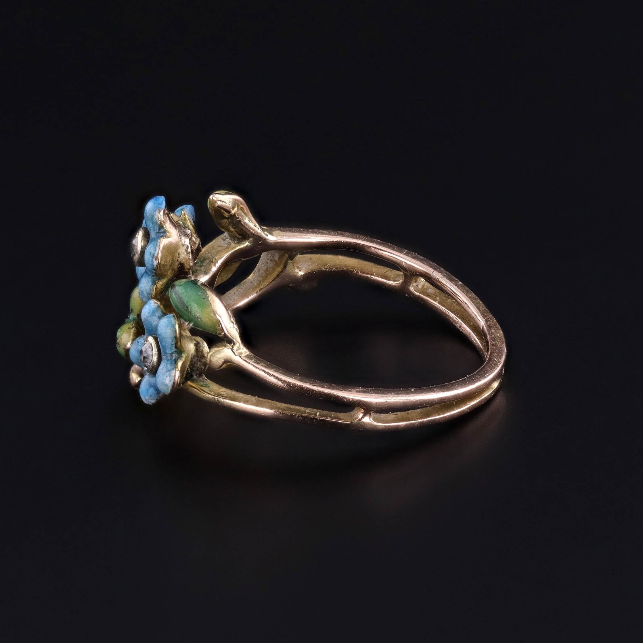 Art Nouveau Antique Enamel Forget-Me-Not Ring of 14k Gold For Sale