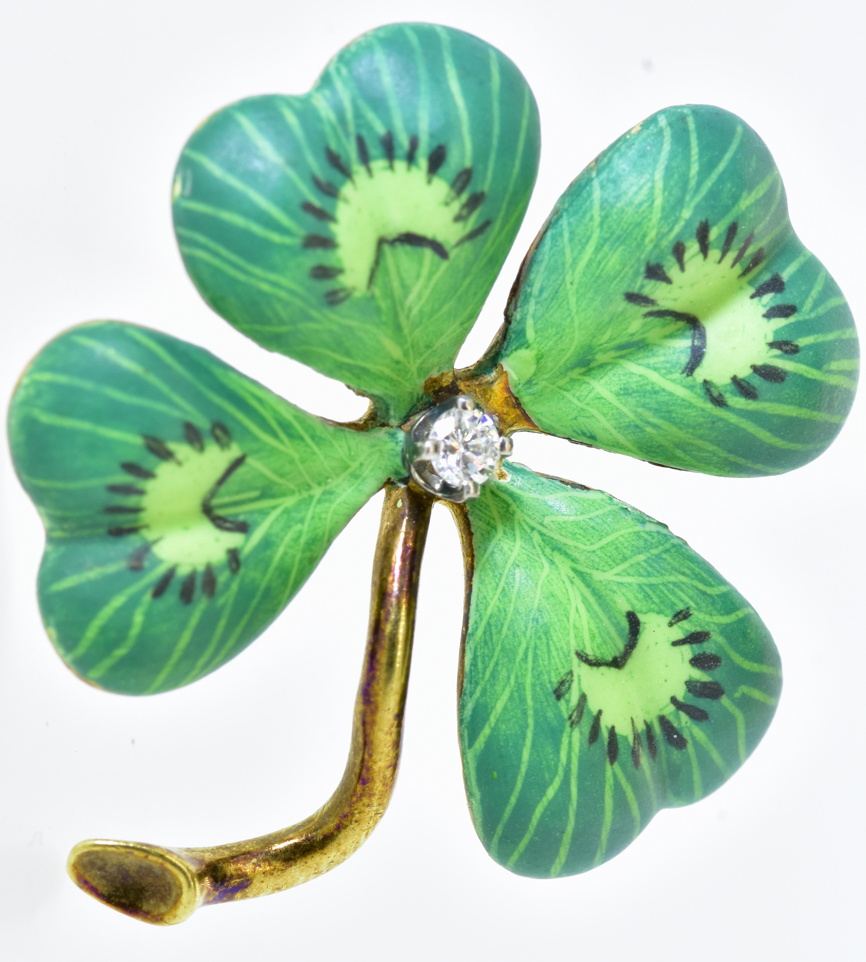 Late Victorian Antique Enamel Four Leaf Clover Pin, c. 1920