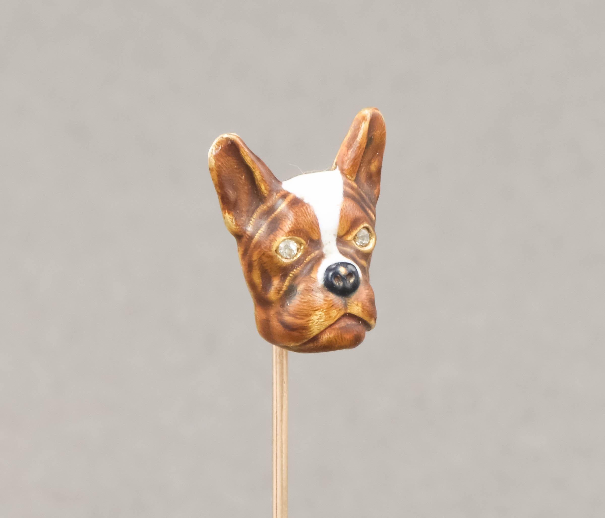 Antique Enamel French Bulldog with Diamond Eyes 14K Gold Stick Pin - Cravat Pin For Sale 2