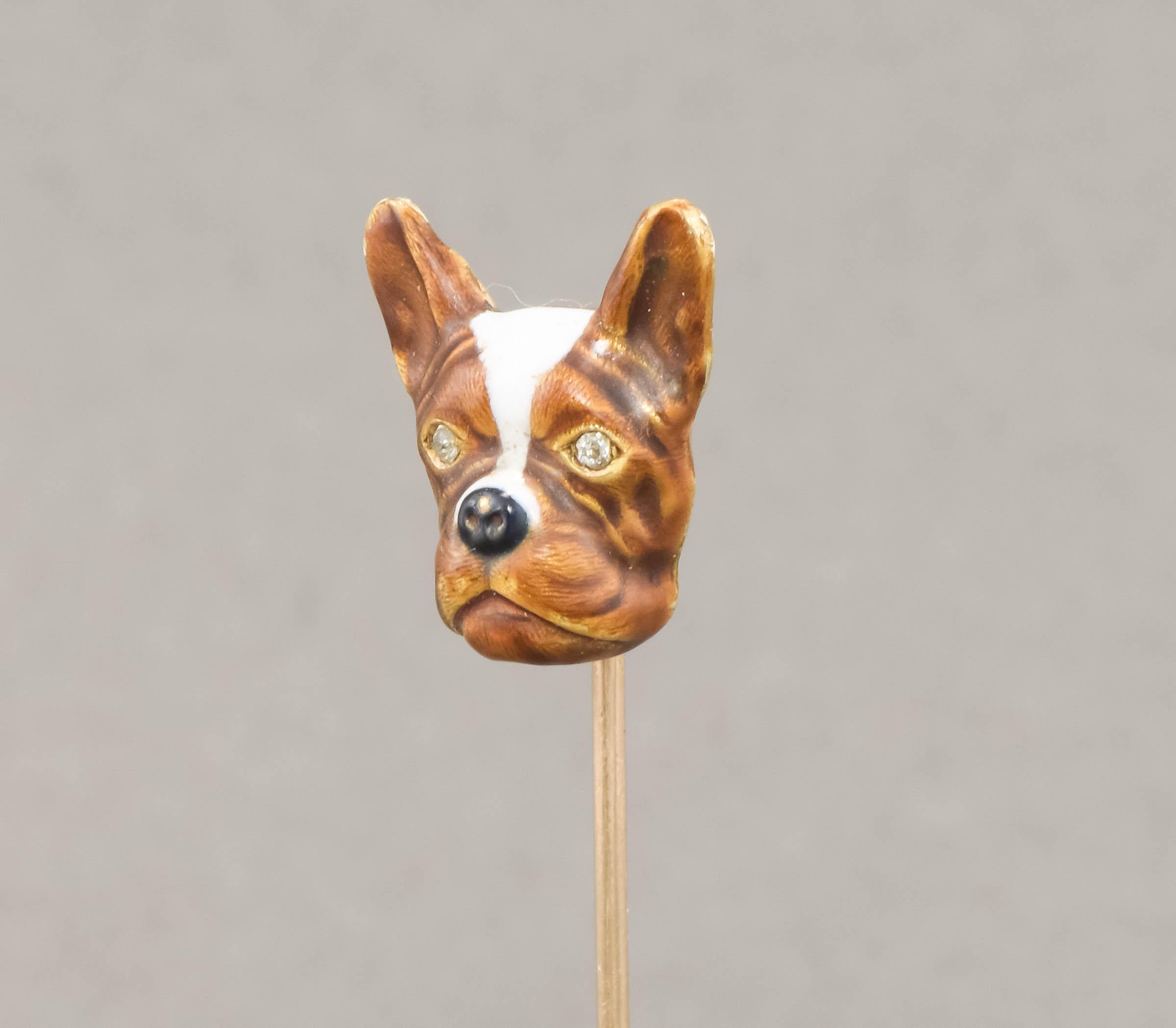 Art Nouveau Antique Enamel French Bulldog with Diamond Eyes 14K Gold Stick Pin - Cravat Pin For Sale