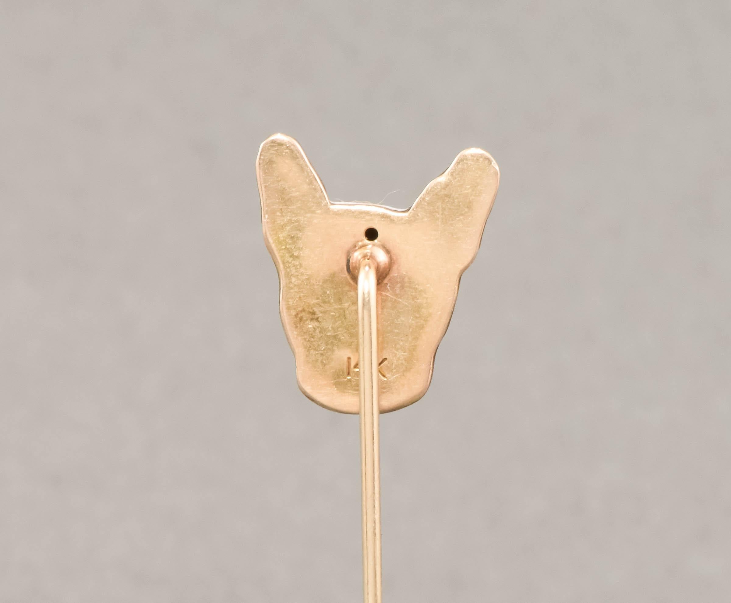 Antique Enamel French Bulldog with Diamond Eyes 14K Gold Stick Pin - Cravat Pin In Good Condition For Sale In Danvers, MA