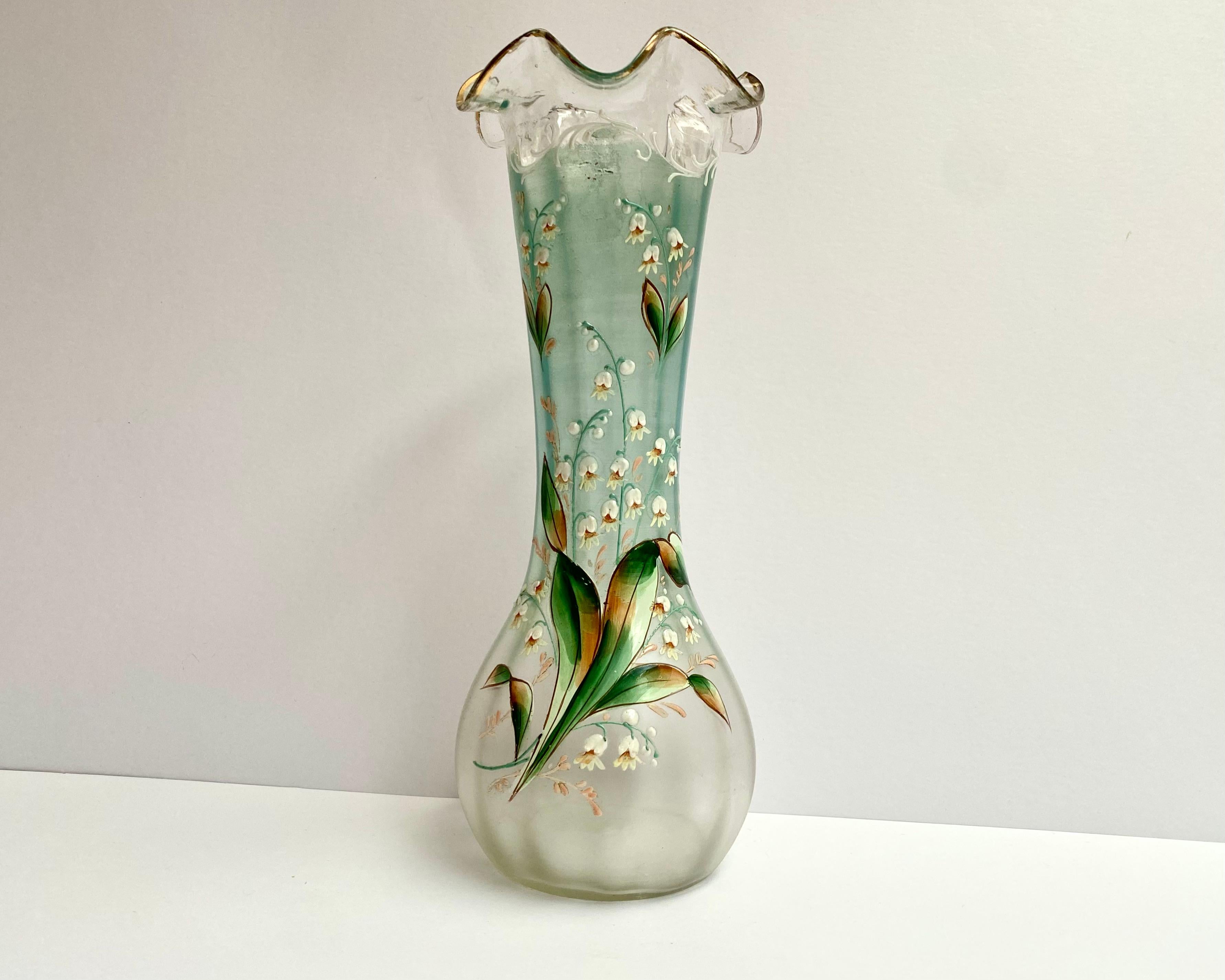 French Antique Enamel & Glass Lily Vase Art Nouveau, France, Early 20th Century  For Sale