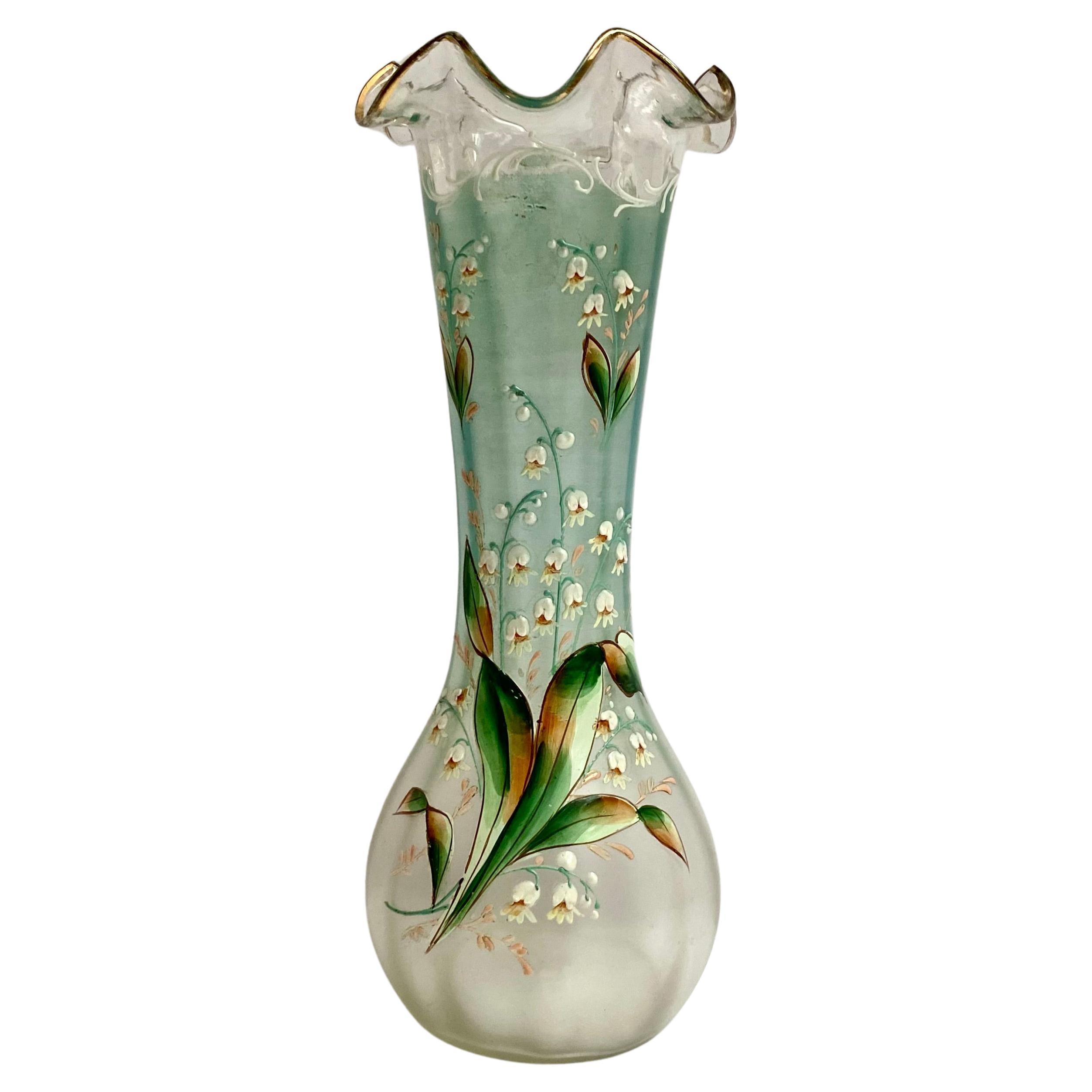 Antique Enamel & Glass Lily Vase Art Nouveau, France, Early 20th Century  For Sale