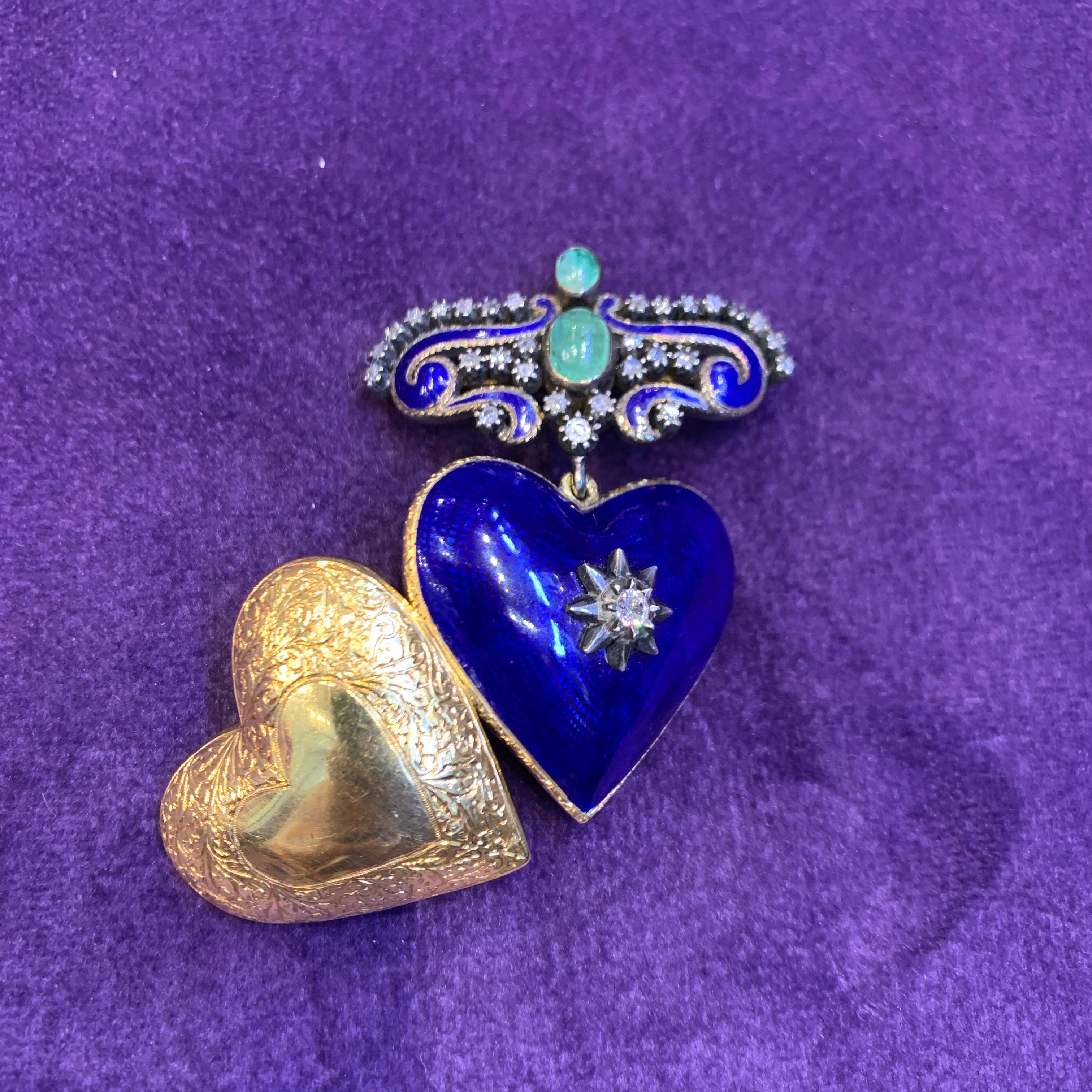 Victorian Antique Enamel Heart Shaped Locket Brooch For Sale