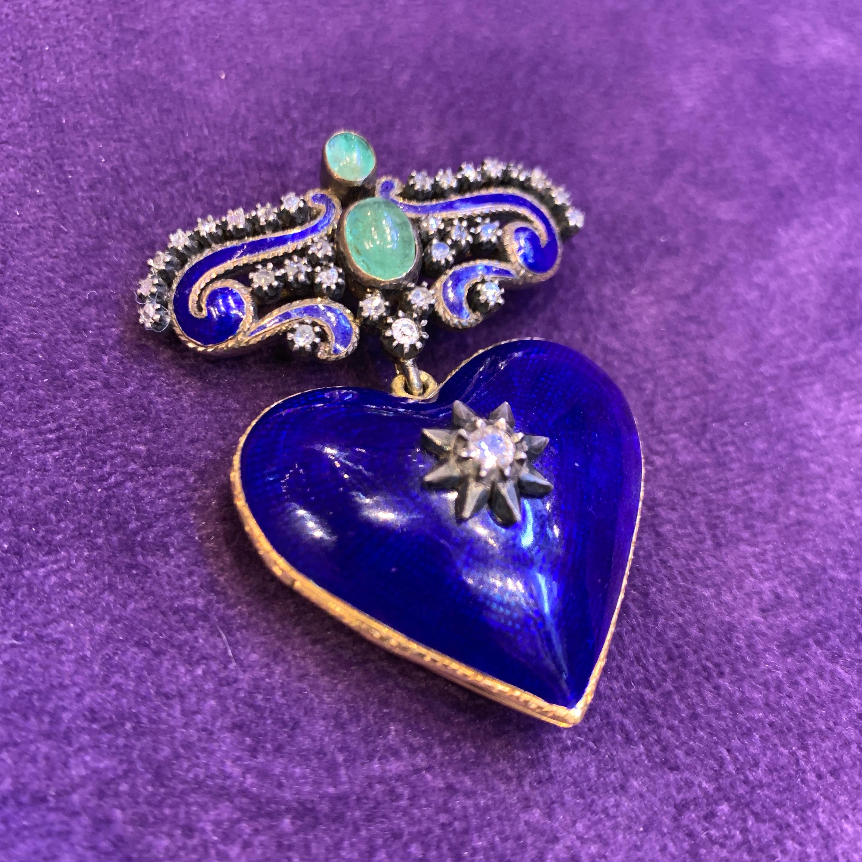 Women's or Men's Antique Enamel Heart Shaped Locket Brooch For Sale