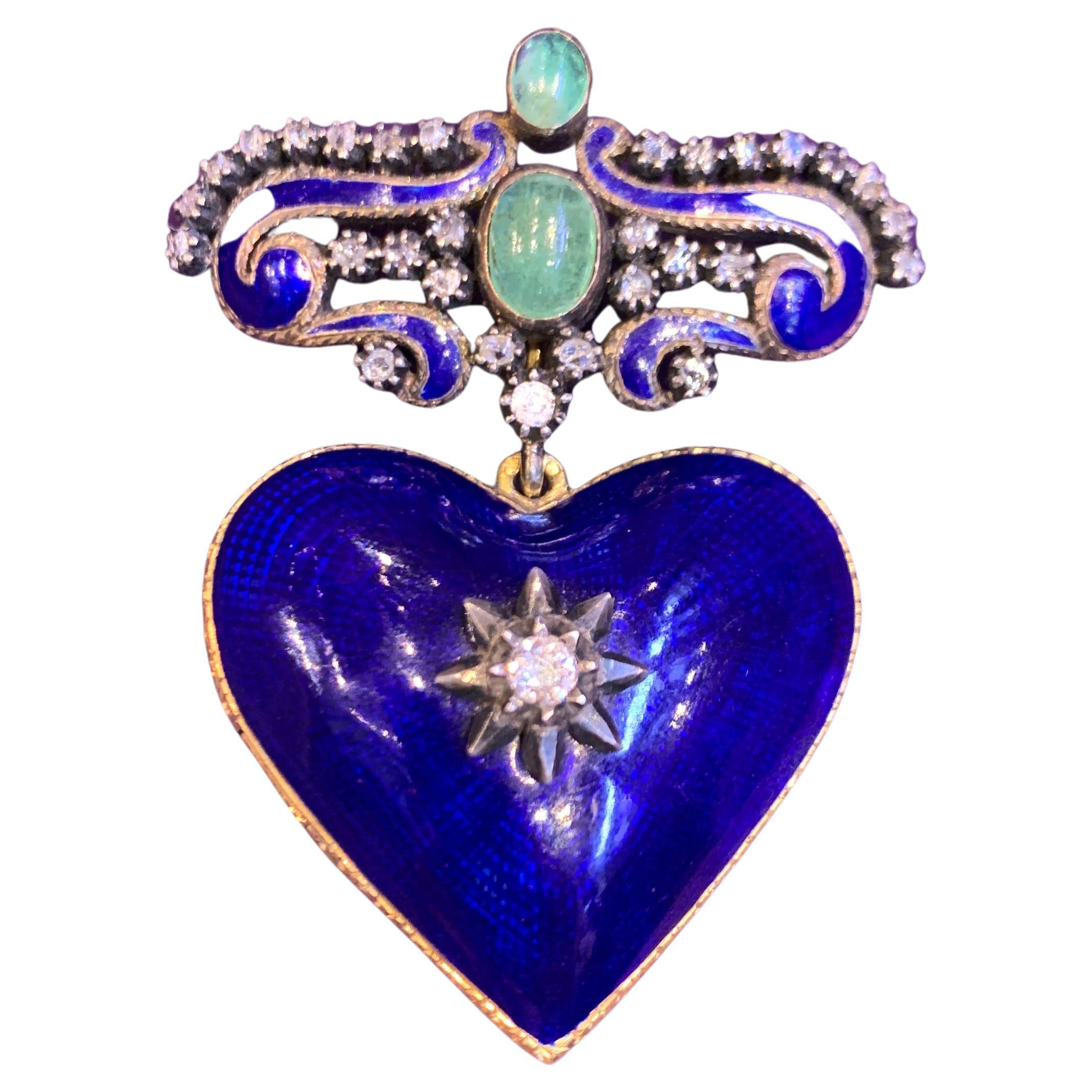 Antique Enamel Heart Shaped Locket Brooch