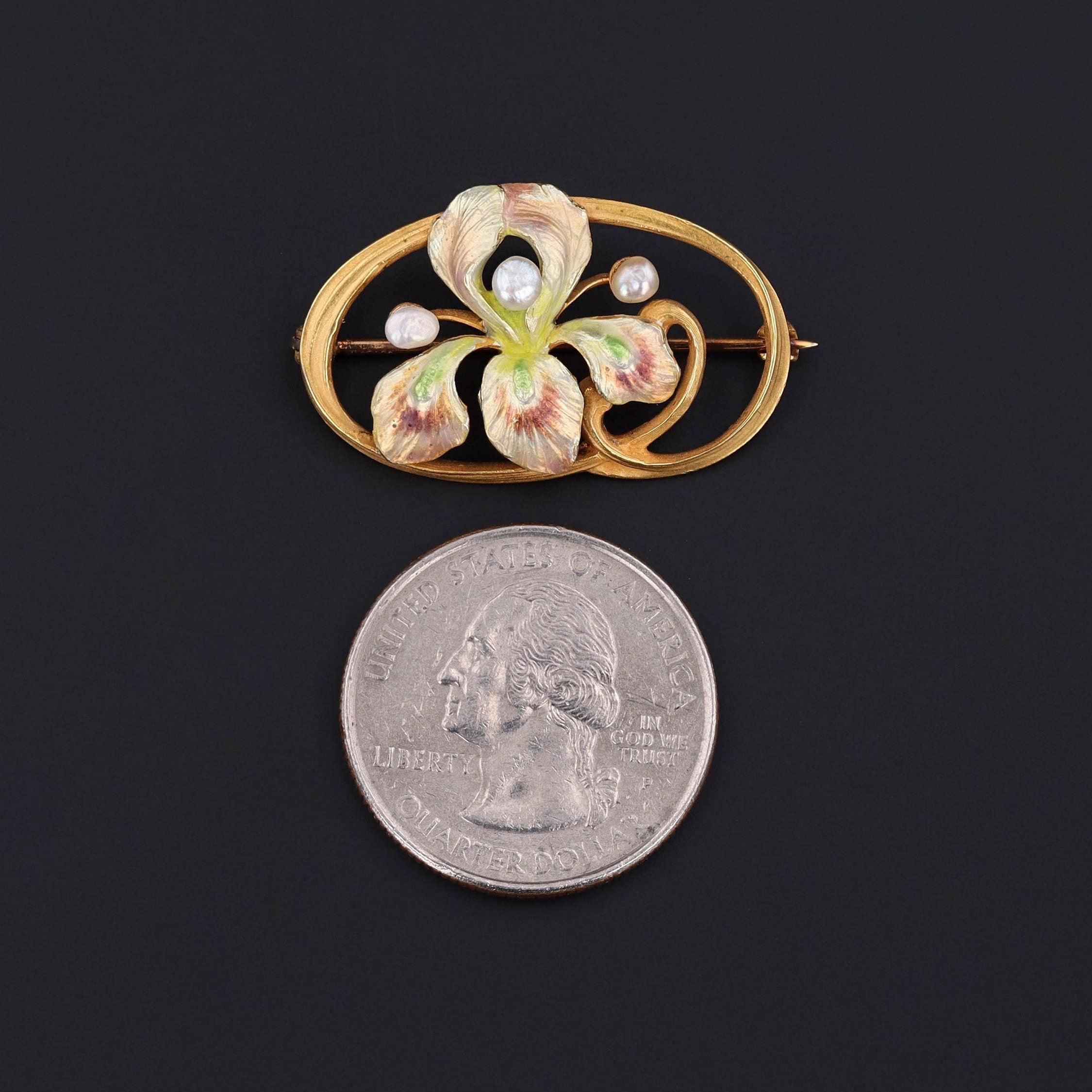 Die Schönheit einer Irisblüte kann Weisheit, Glauben und Hoffnung symbolisieren.

Diese antike Brosche (um 1910) zeigt eine Schwertlilie aus 14-karätigem Gold, die mit schillerndem Email und drei weißen Perlen verziert ist.

Das Stück misst 0,8 Zoll