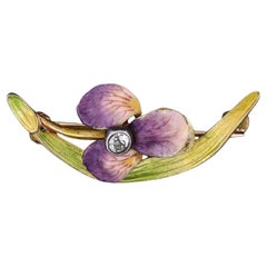 Antique Enamel Iris Pin of 14k Gold
