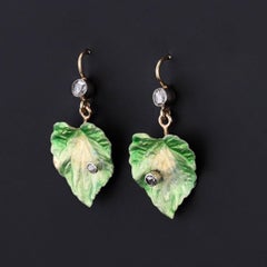 Antique Enamel Leaf Conversion Earrings of 14k Gold