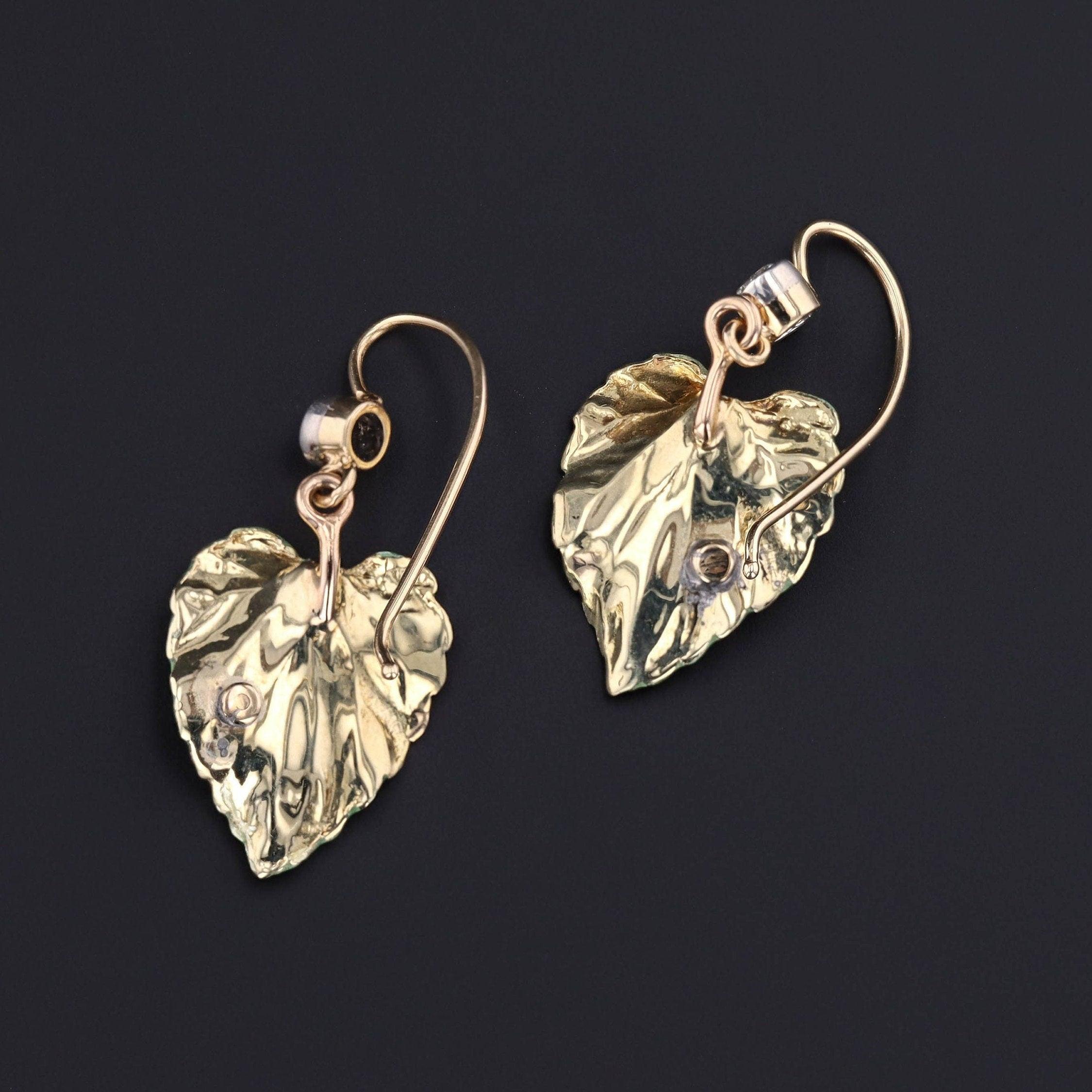 Antique Enamel Leaf Conversion Earrings of 14k Gold In Good Condition For Sale In Lewisburg, PA