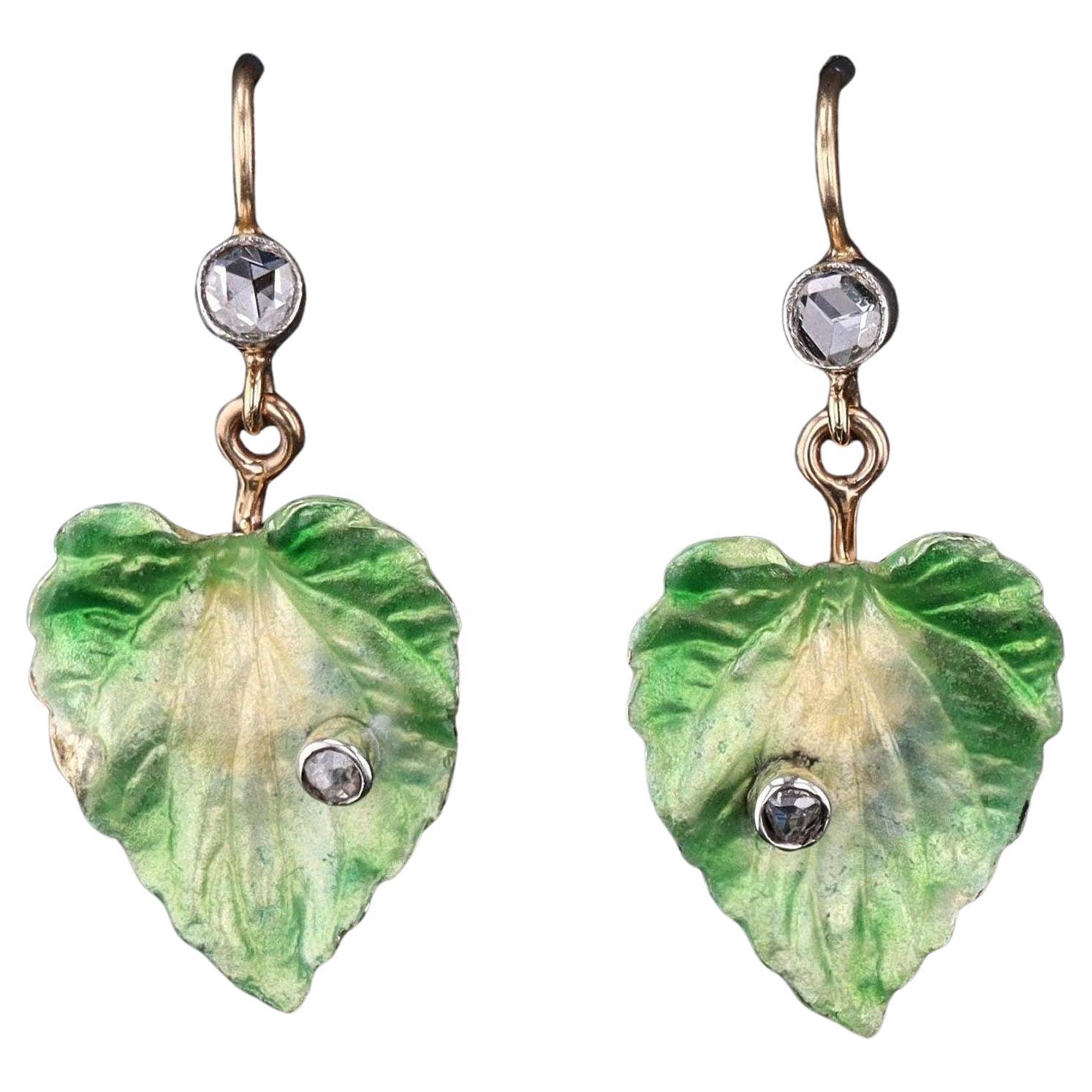 Antique Enamel Leaf Conversion Earrings of 14k Gold
