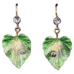 Antique Enamel Leaf Conversion Earrings of 14k Gold
