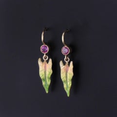 Antique Enamel Leaf Earrings of 14k Gold