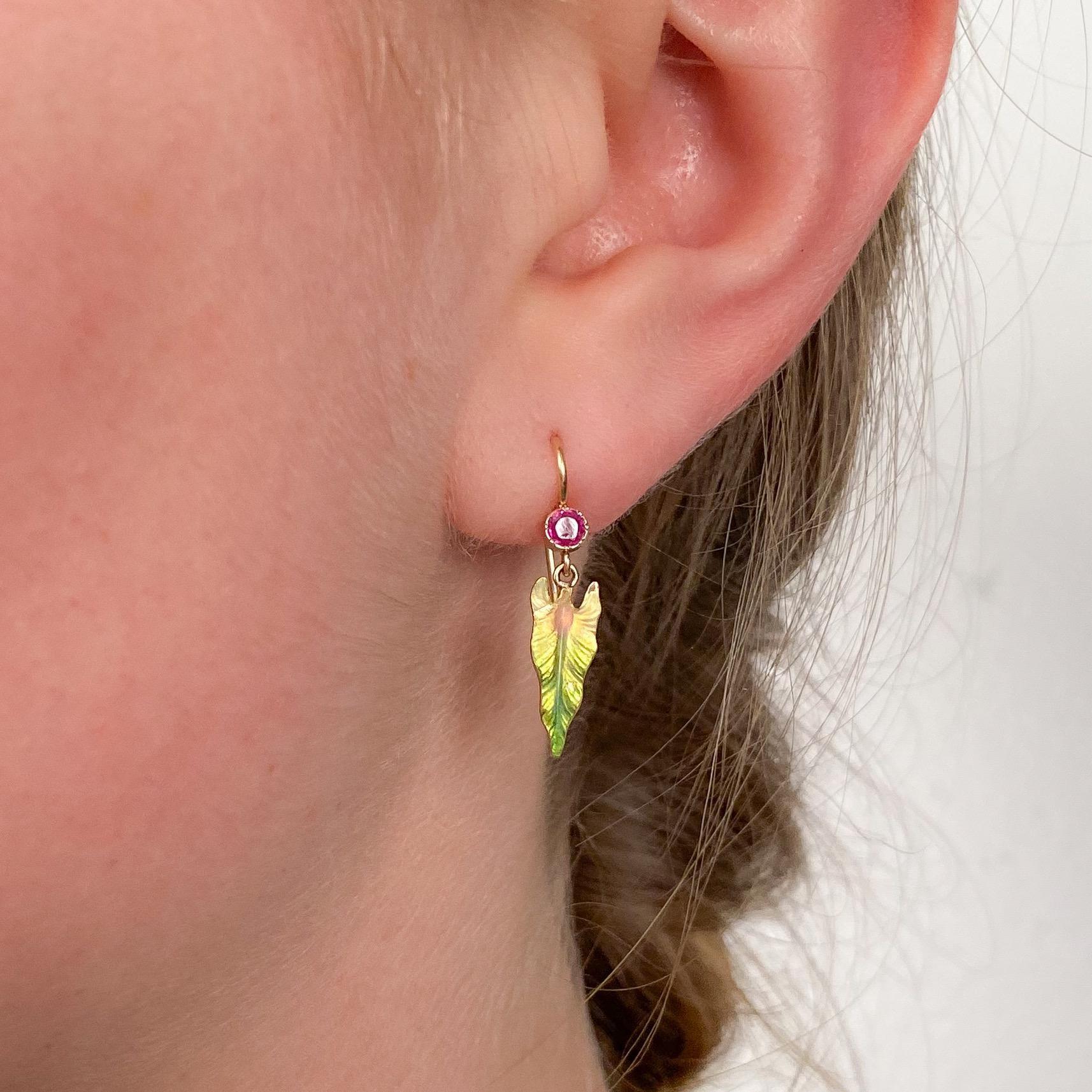 Women's Antique Enamel Leaf Earrings of 14k Gold For Sale
