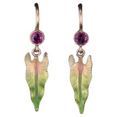 Antique Enamel Leaf Earrings of 14k Gold