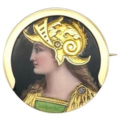 Antique Enamel Miniature Painting Of Athena 18 Karat Gold Diamond Brooch