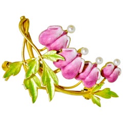 Antique Enamel, Natural Pearl and Gold "Lady Slipper" Brooch, circa 1900