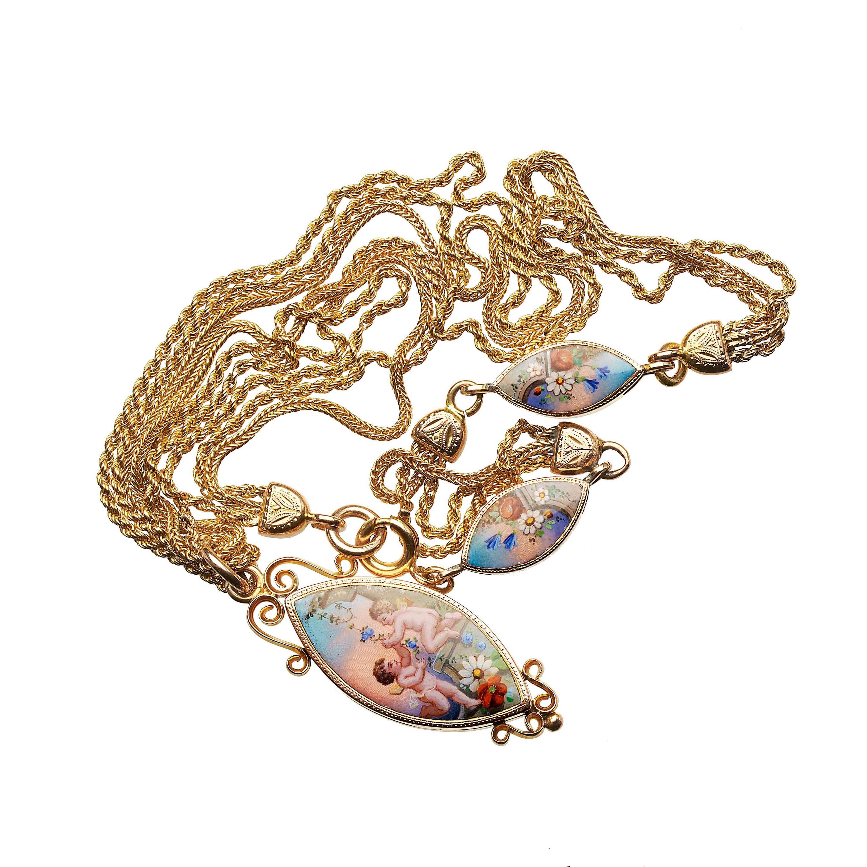 Victorien tardif Collier station ancien en navette et chaîne en or et émail, circa 1900 en vente