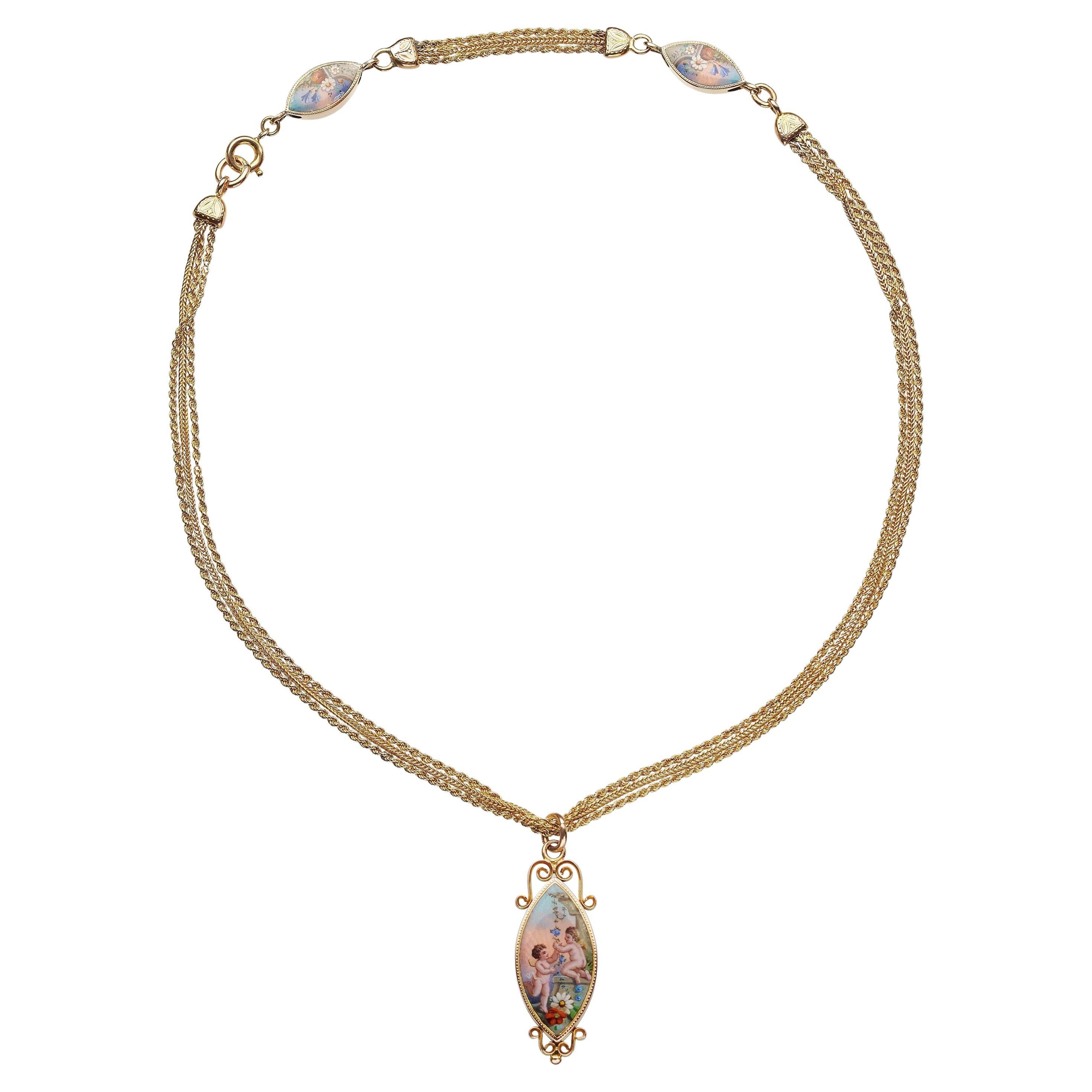 Antique Enamel Navette and Gold Chain Station Necklace, circa 1900 For Sale