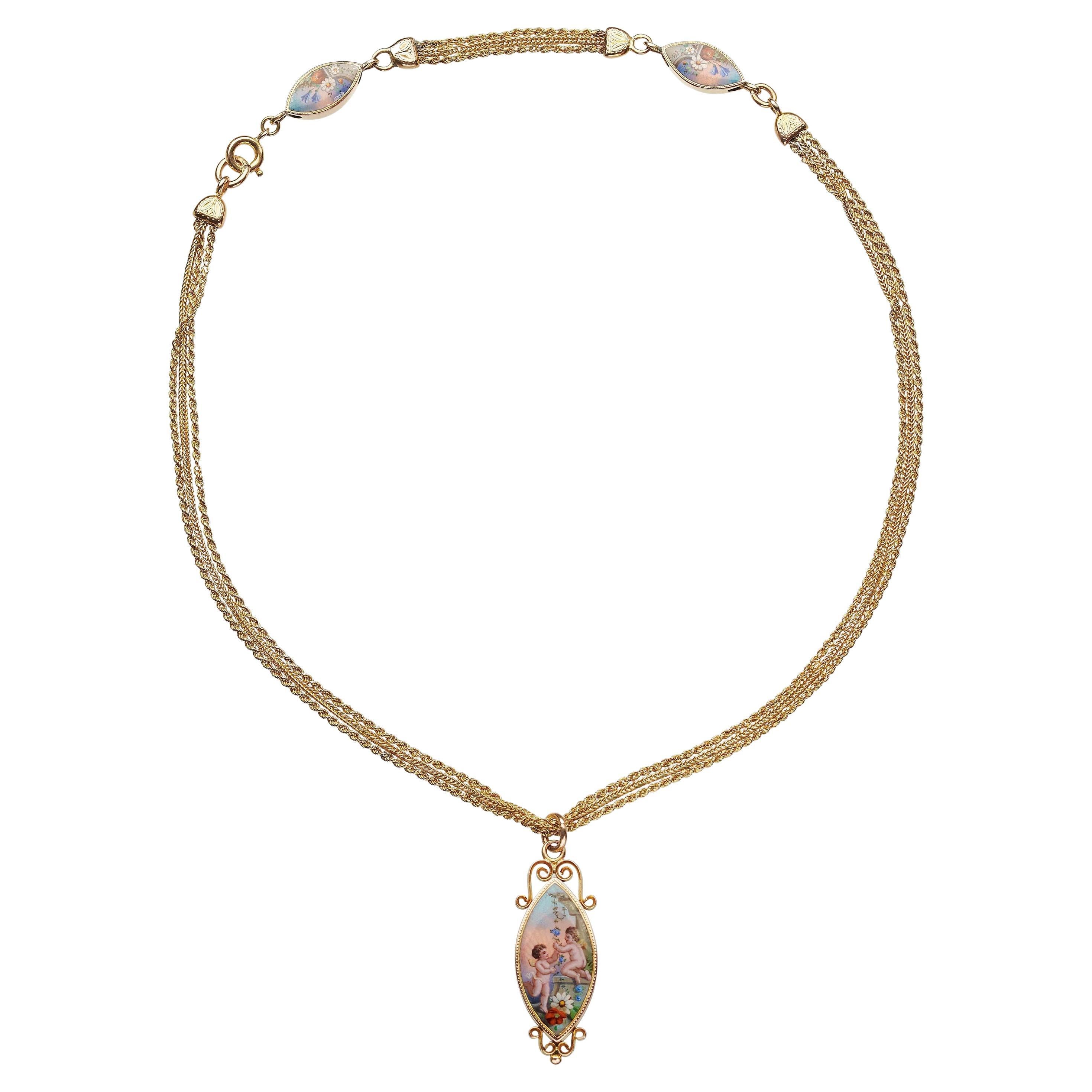 Antica collana di Navette smaltate e catena d'oro, circa 1900