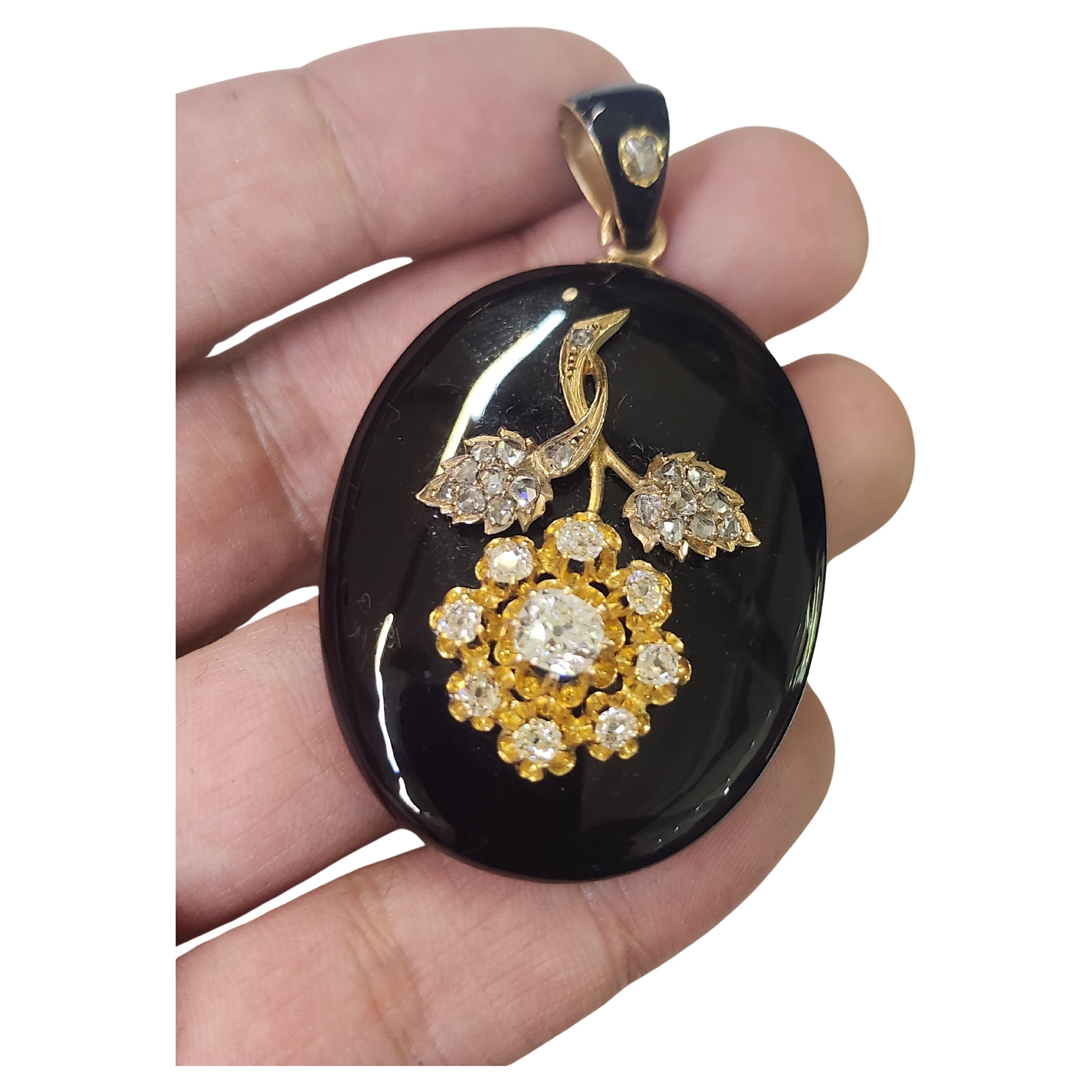 Women's Antique Enamel Old Mine Cut Diamond Gold Pendant For Sale
